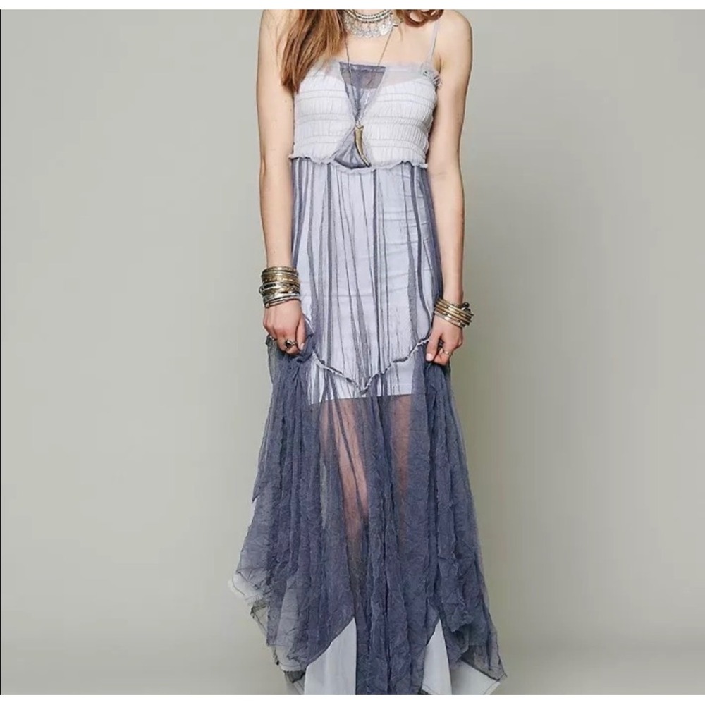 Free People Intimately Raw Tulle Maxi Slip Dress XS Grey Sheer Smocked Boho RARE